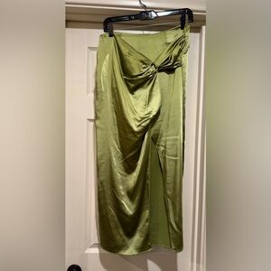 L'Academie Olive Satin Midi Skirt